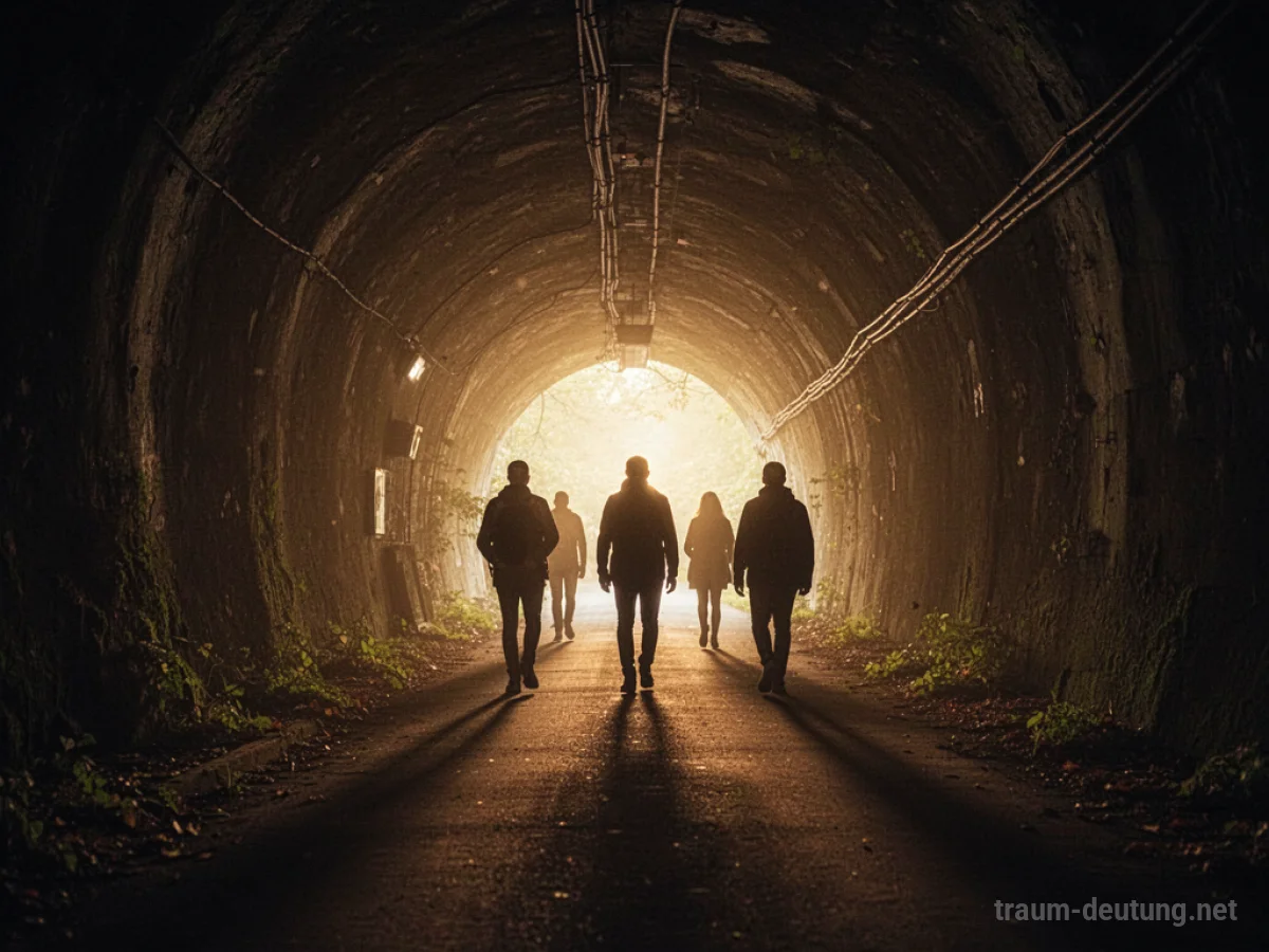 Silhouetten von Menschen, die auf ein helles Licht am Ende eines dunklen Tunnels zugehen.