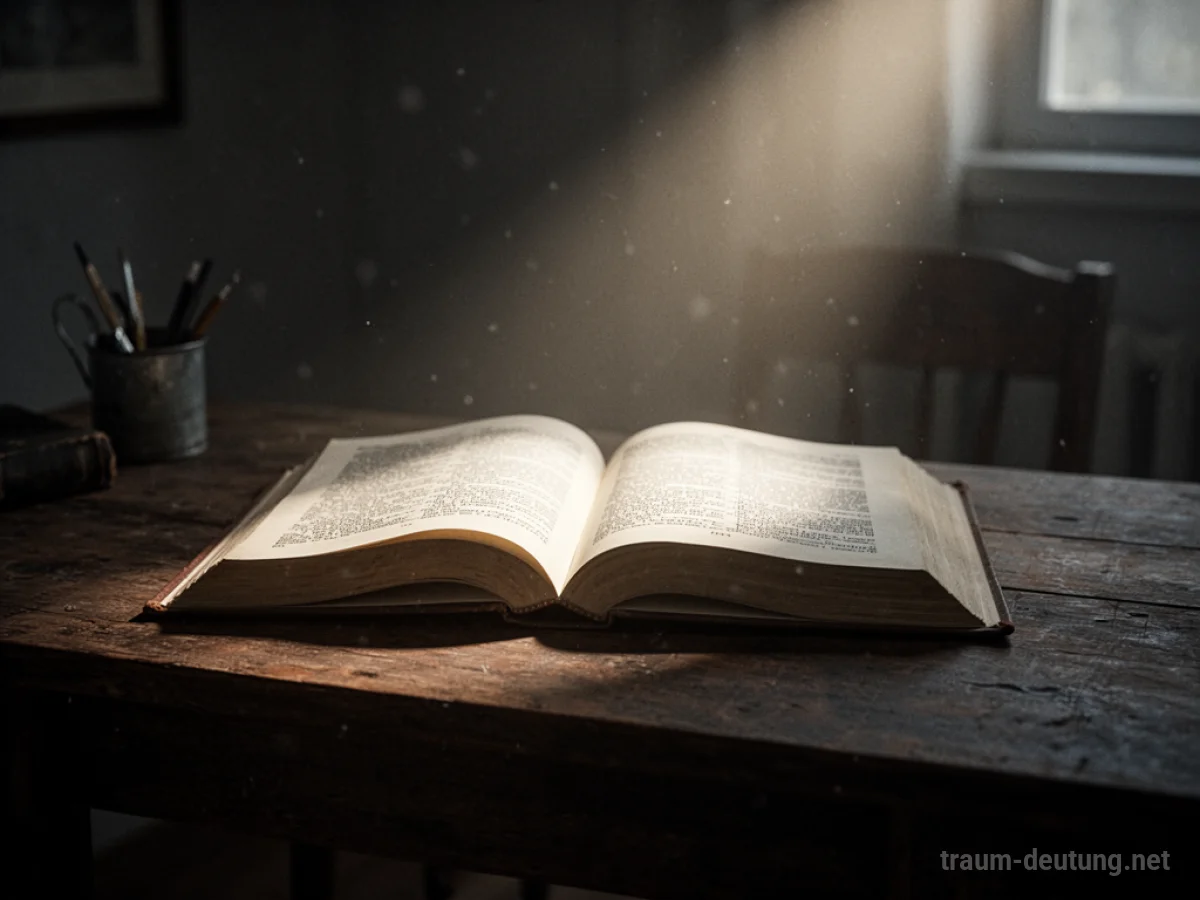 Ein hell erleuchtetes Buch auf einem Schreibtisch, das Wissen symbolisiert.