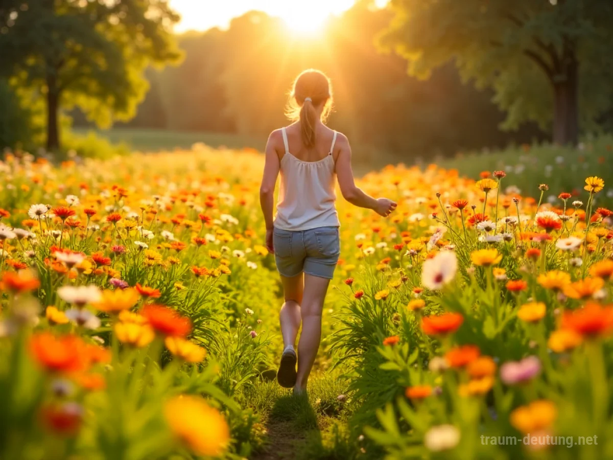 Eine Person strahlt Lebensfreude in einer sonnigen Blumenwiese aus.