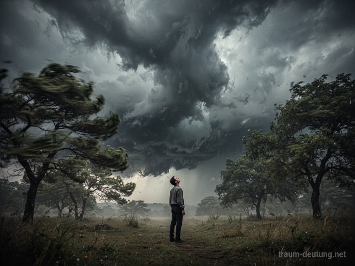 Dunkle Wolken und Wind über einer Landschaft mit einer einzelnen Person.