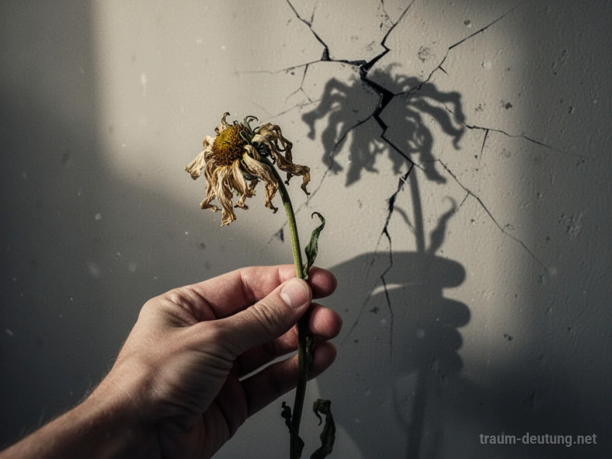 Eine schattenhafte Gestalt bricht ein Versprechen, symbolisiert durch eine welkende Blume.