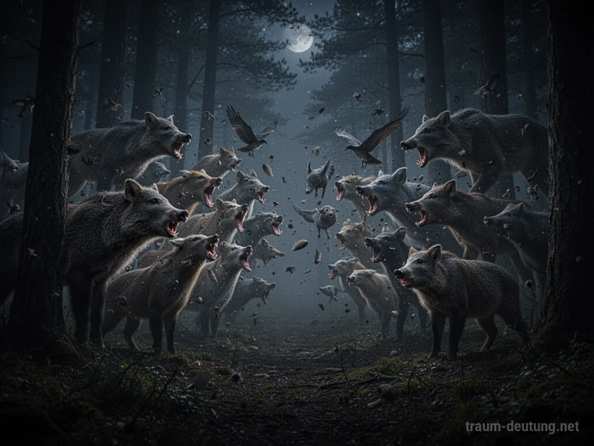 Schattenhafte Darstellung von wilden Tiergeräuschen, die aus einem dunklen Wald dringen.