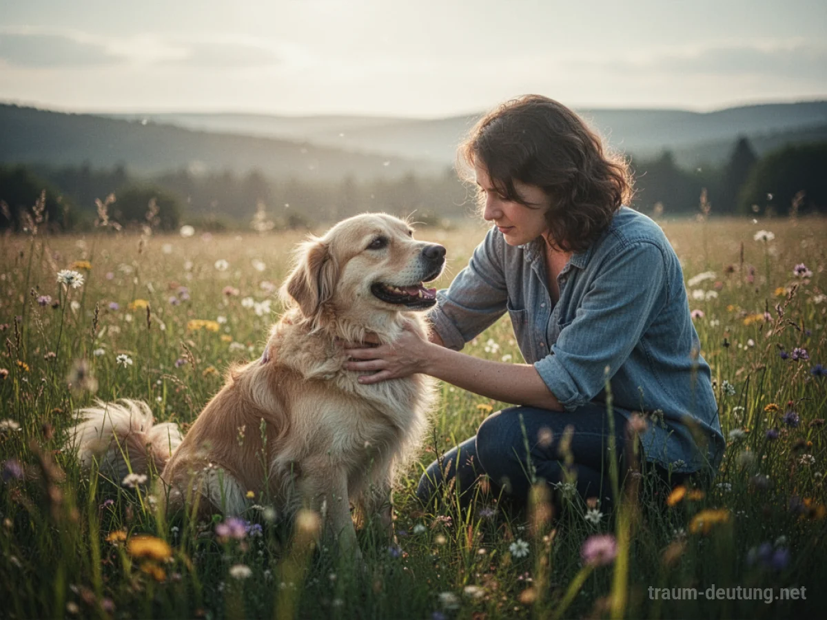 Eine Person streichelt liebevoll einen Hund auf einer sonnigen Wiese.