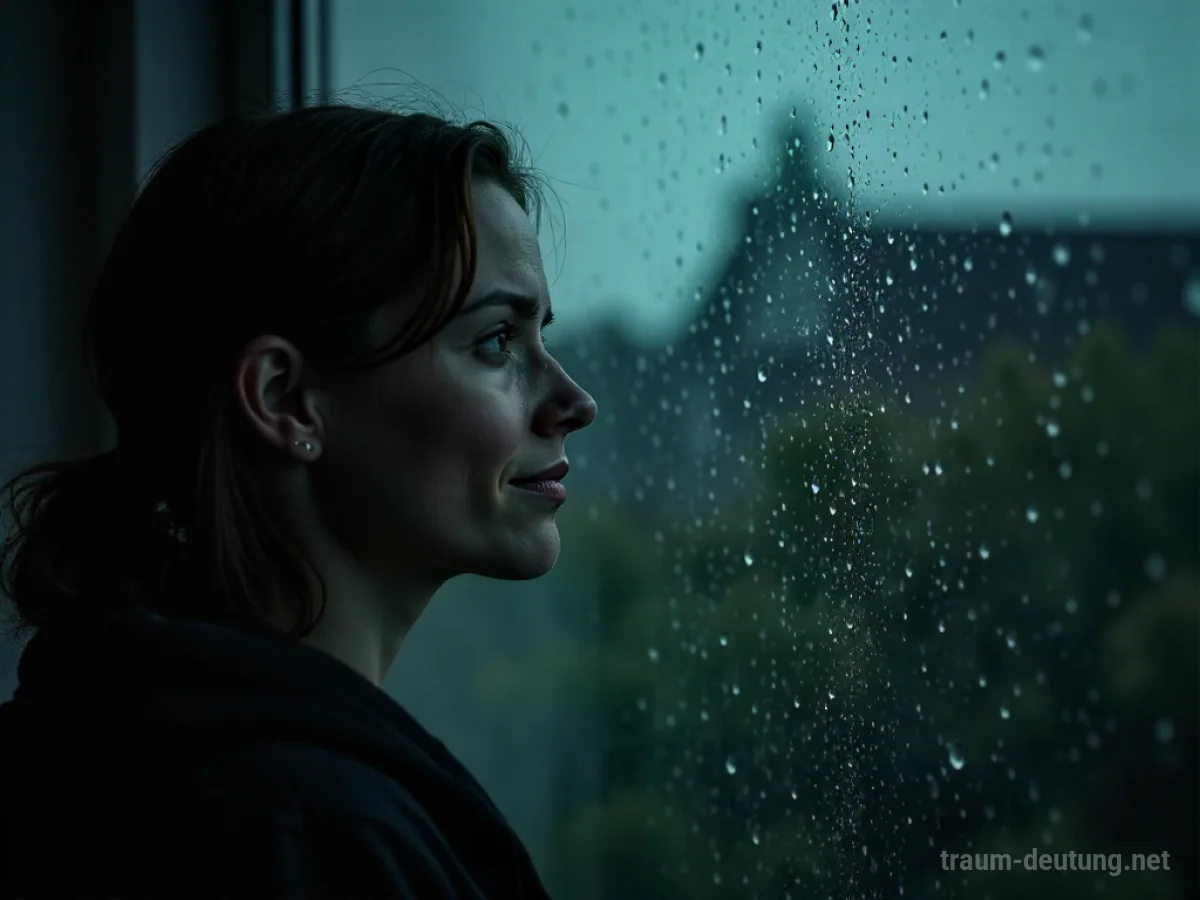 Person mit traurigem Lächeln blickt aus einem Fenster bei Regen.