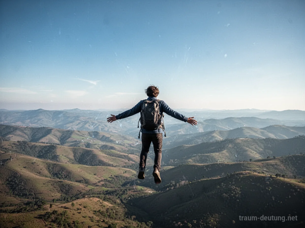 Eine Person fliegt hoch über einer weiten, grünen Landschaft mit sanften Hügeln.