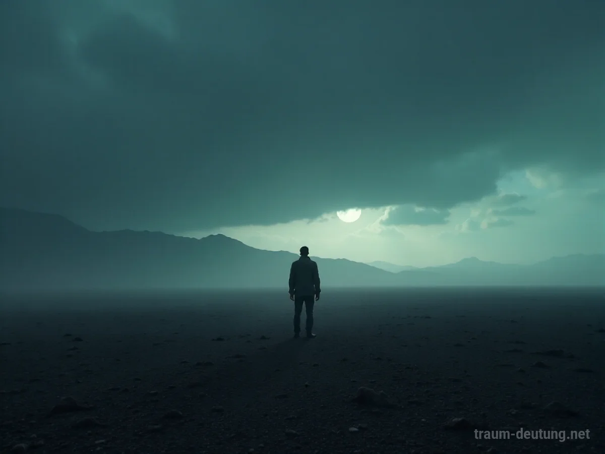 Eine einsame Silhouette in einer trostlosen Landschaft unter dunklem Himmel, die unendliches Leid symbolisiert.
