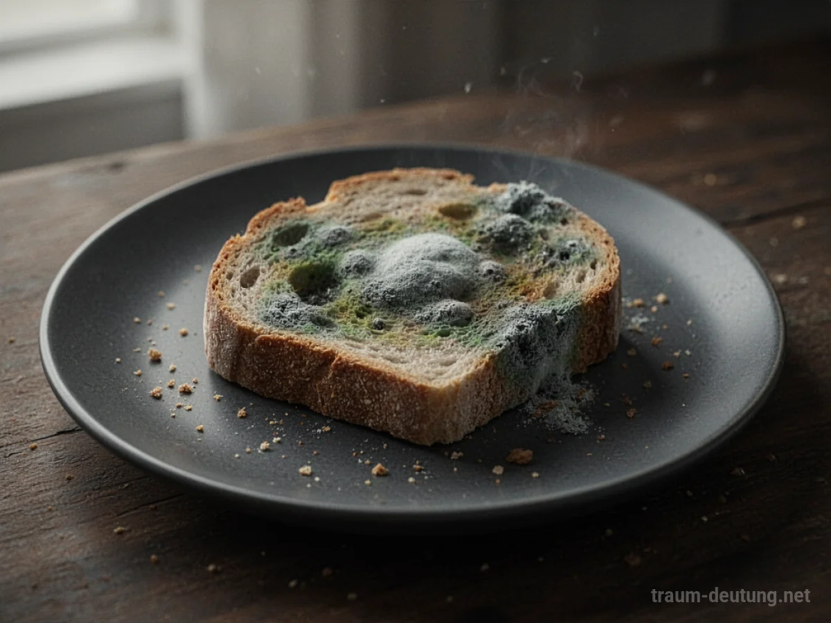 Ein einzelnes Stück verdorbenes Brot auf einem dunklen Teller.