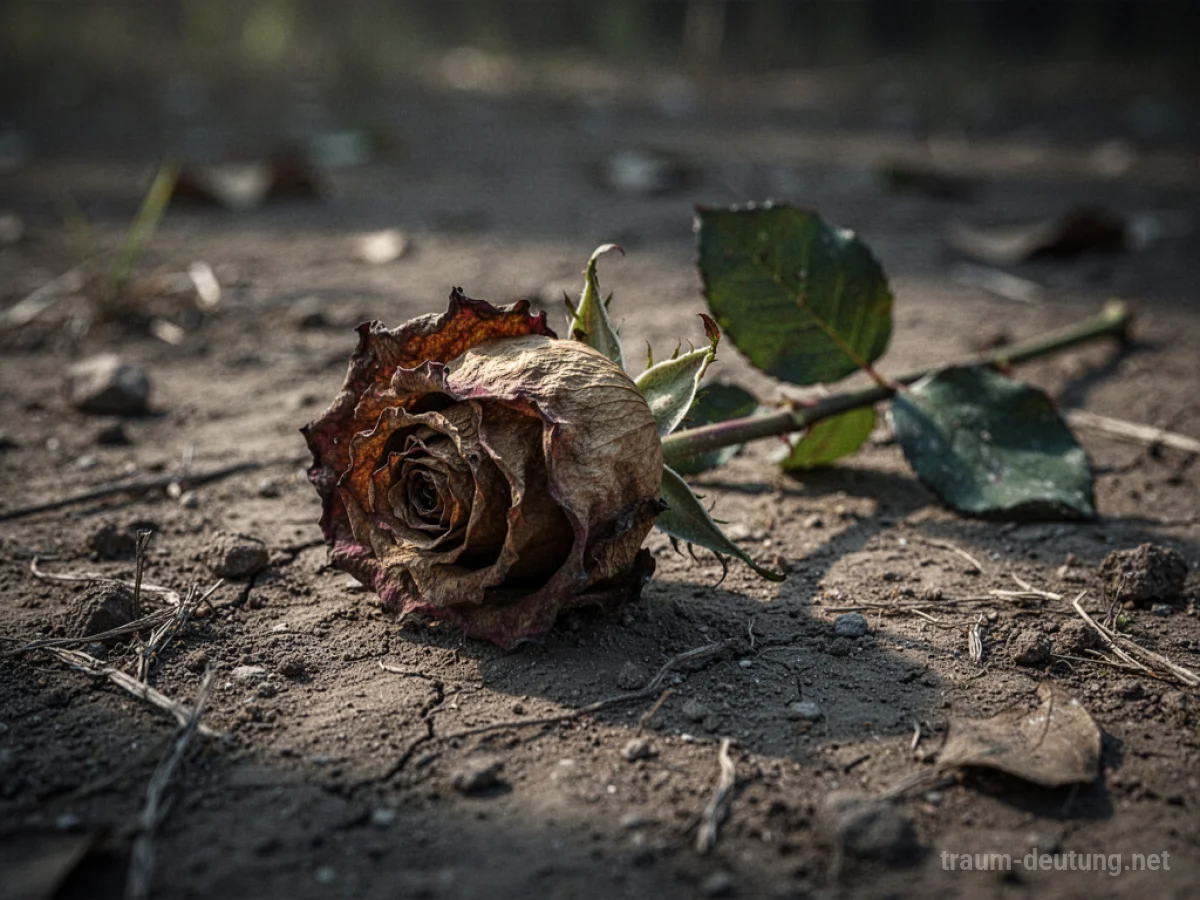Eine verwelkende Rose auf trockenem Boden