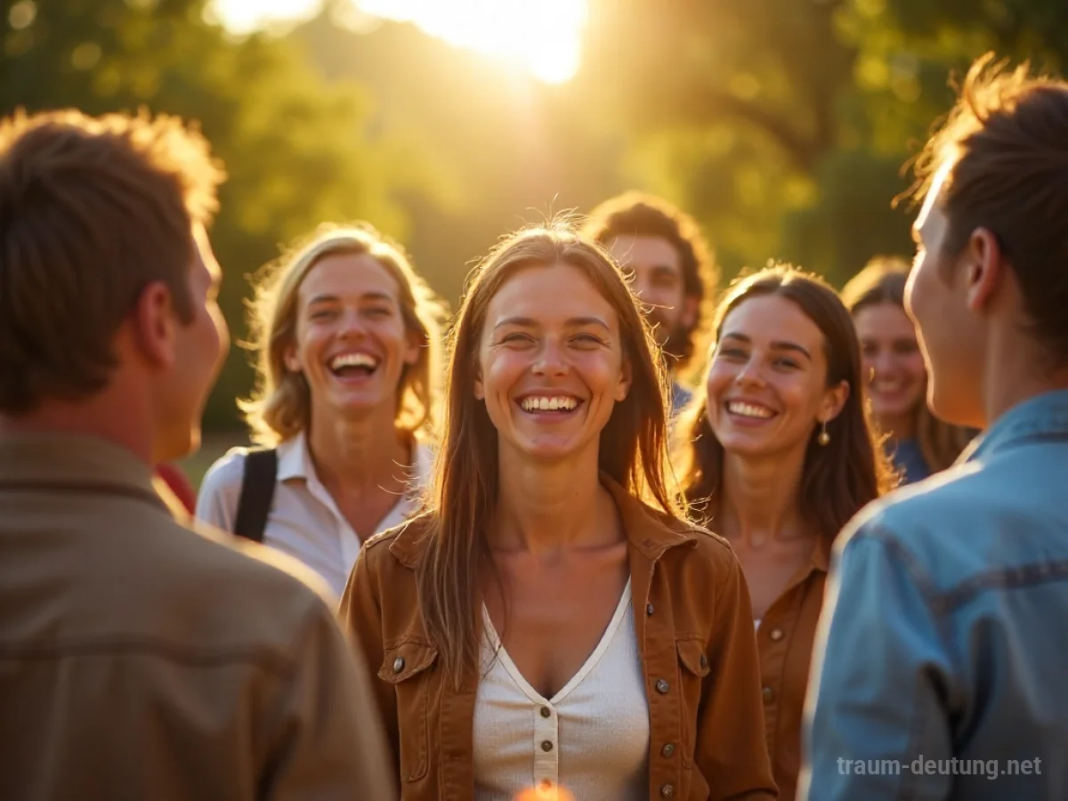 Gruppe von Menschen lacht fröhlich im Freien