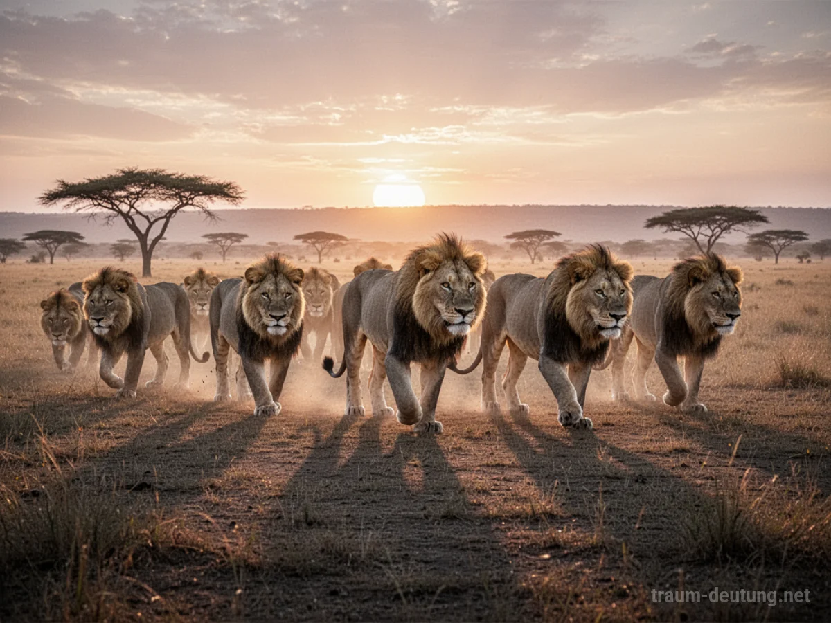 Eine Gruppe majestätischer Löwen überquert eine Savanne im Abendlicht.
