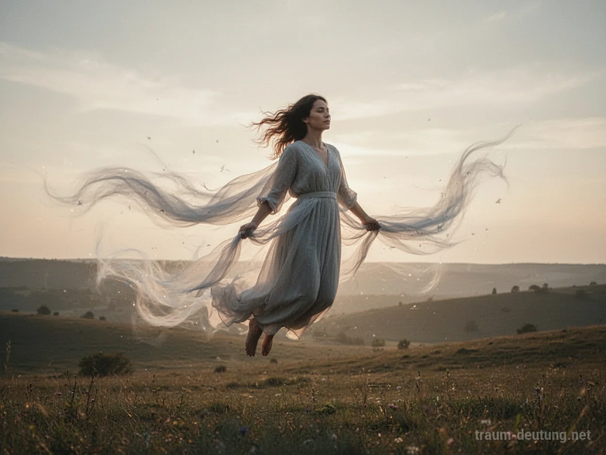 Eine Person wird sanft vom Wind über eine ruhige Landschaft getragen.