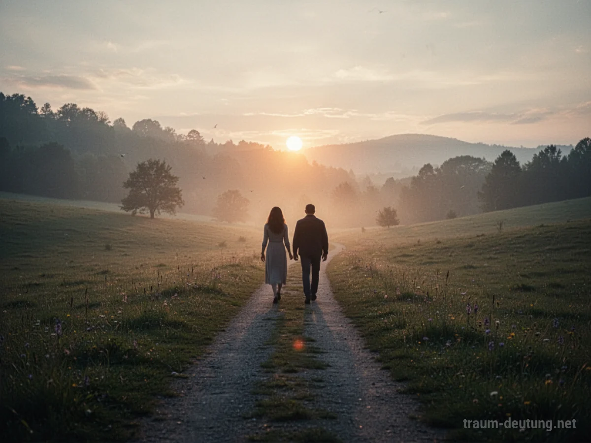 Ein Weg führt zu einem warmen Licht, zwei Silhouetten gehen Hand in Hand.