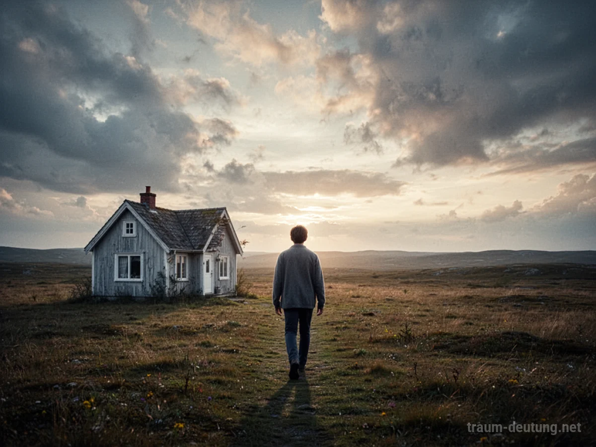 Person läuft von einem Haus weg in eine offene Landschaft.