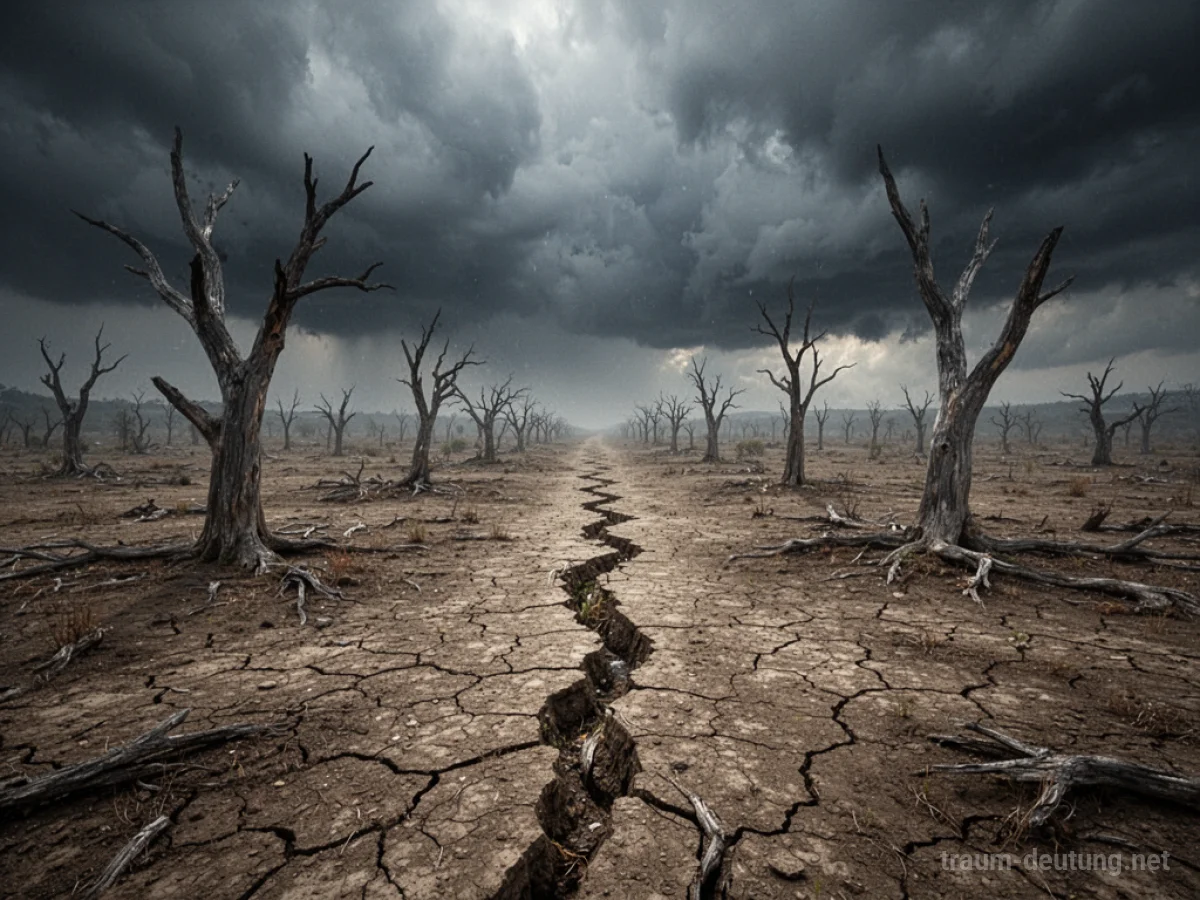 Zerstörte Landschaft mit rissiger Erde und toten Bäumen unter einem stürmischen Himmel