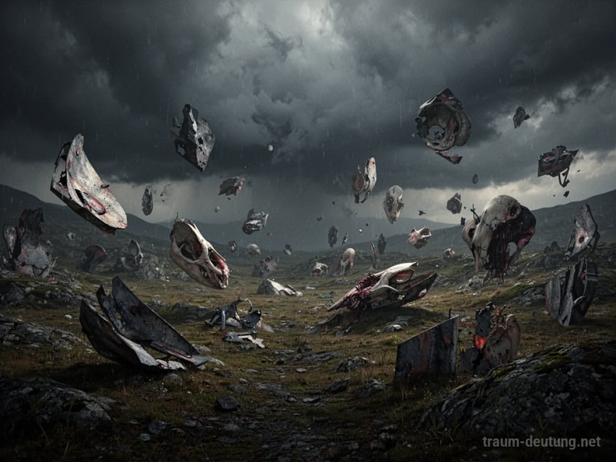 Abstrakte, fragmentierte Formen in einer dunklen Landschaft unter stürmischem Himmel