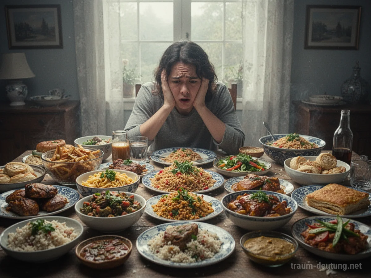 Überfüllter Esstisch mit zu viel Essen und einer Person, die sich überfordert fühlt