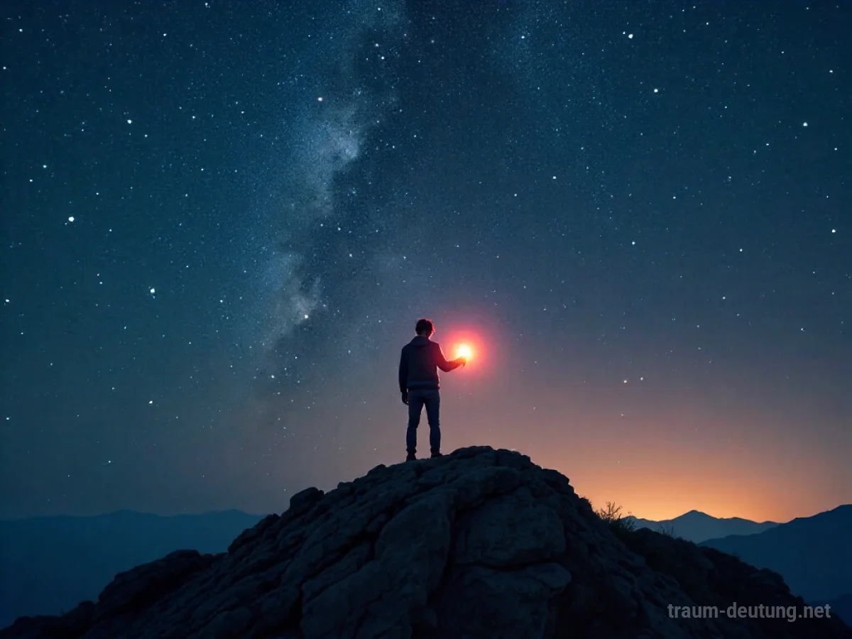 Eine einzelne Figur steht auf einem Berggipfel und hält ein leuchtendes Licht.