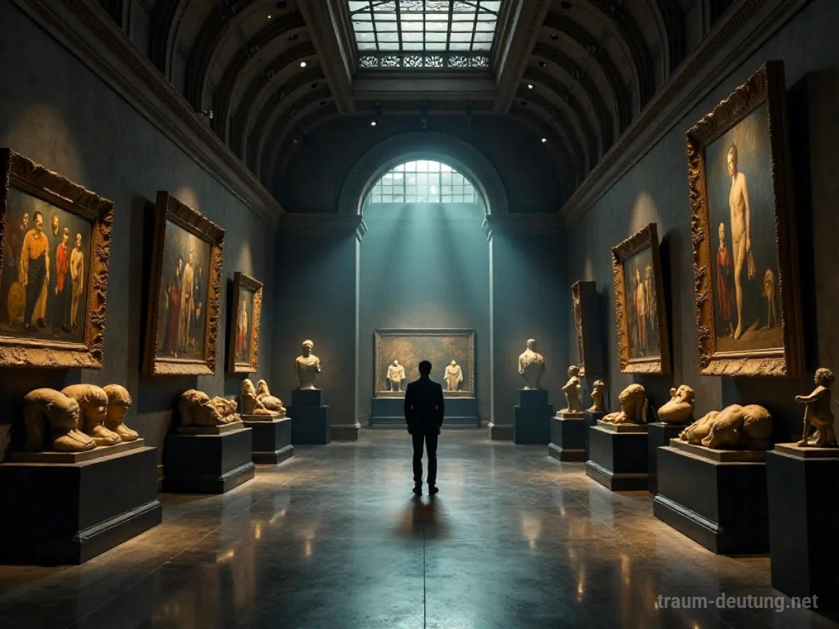 Eine einzelne Person steht allein in einem großen, leeren Museum, umgeben von alten Ausstellungsstücken.