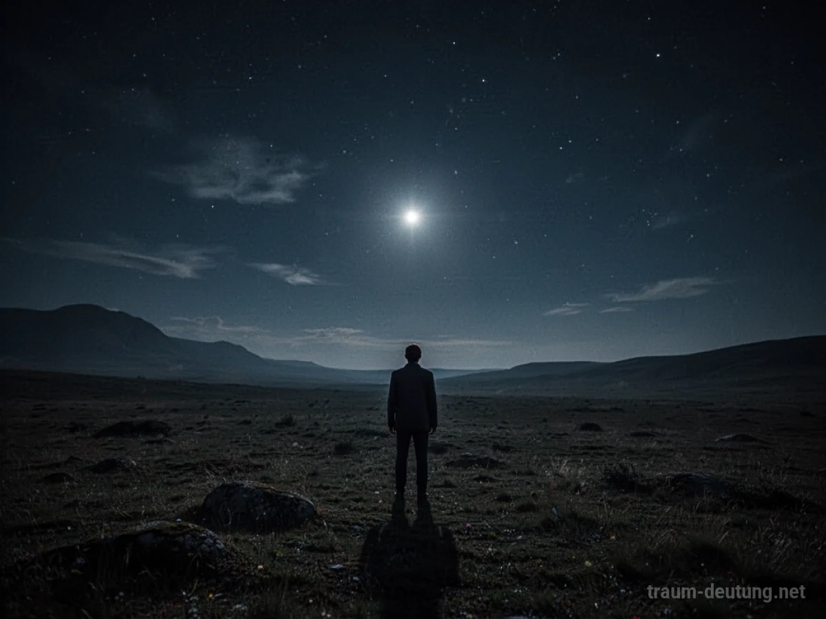 Einzelne Figur steht allein in dunkler Landschaft bei Mitternacht
