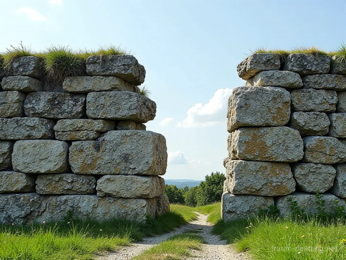 Eine alte, bröckelnde Steinmauer mit großen Rissen und fehlenden Abschnitten.