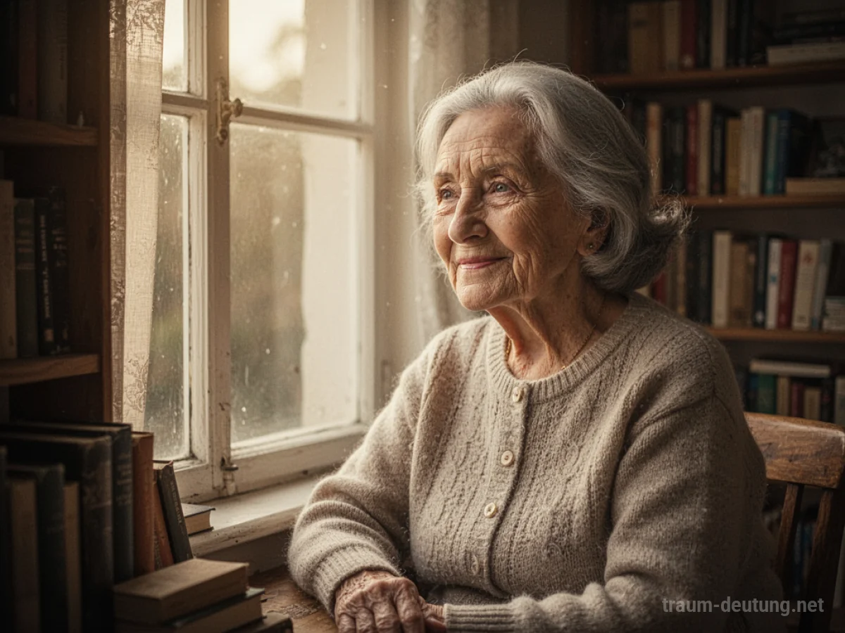 Alte Mutter am Fenster, die ruhig in die Ferne blickt.