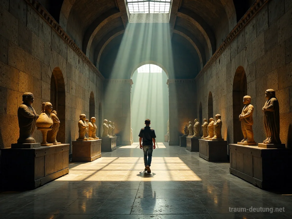 Eine Person steht allein in einem alten, staubigen Museum und betrachtet Exponate