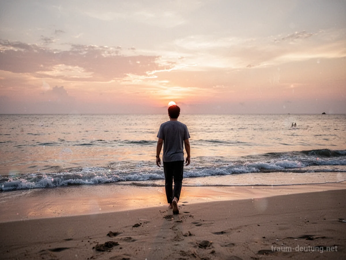 Person geht am Strand entlang bei Sonnenuntergang, das Meer im Hintergrund.