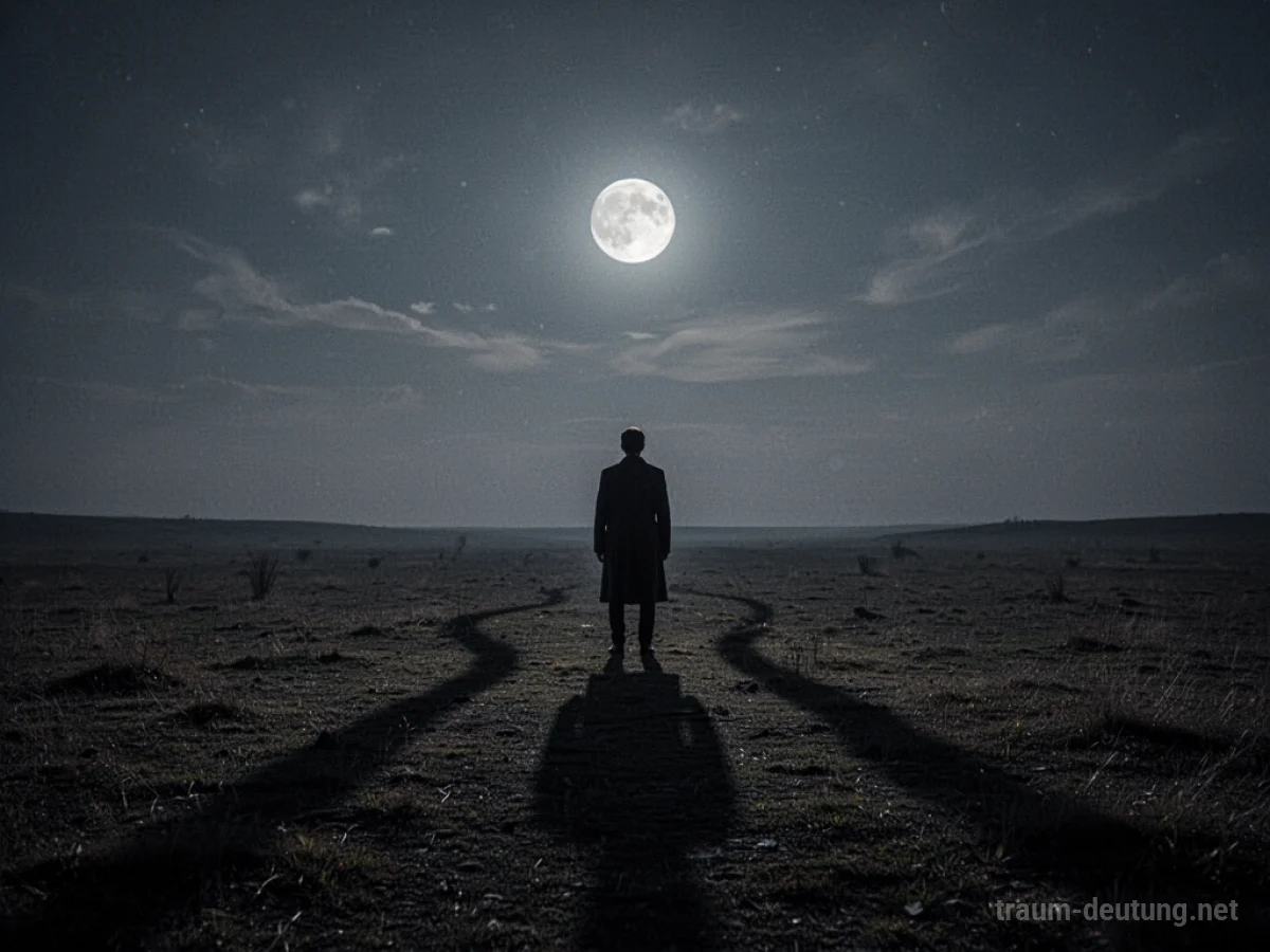 Silhouetten einer Person in dunkler Landschaft bei Mitternacht