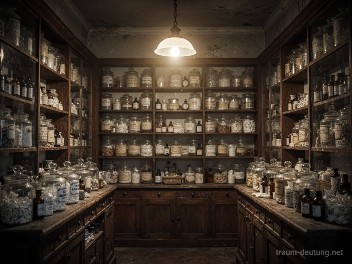 Innenansicht einer alten Apotheke mit vielen Regalen.