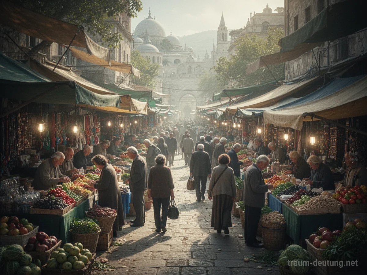 Ein geschäftiger Markt mit vielen Menschen und Verkaufsständen.