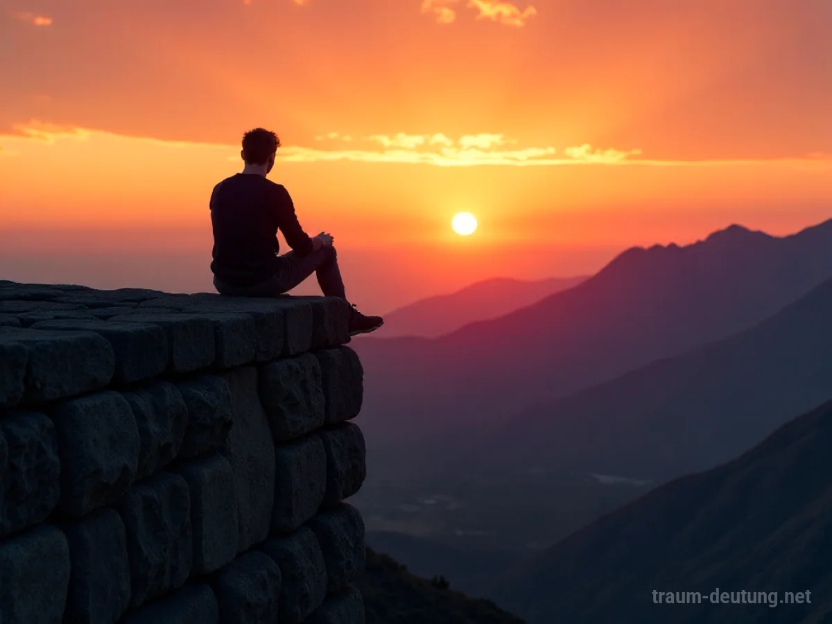 Silhouette einer Person sitzt auf einer Mauer und blickt in die Ferne.