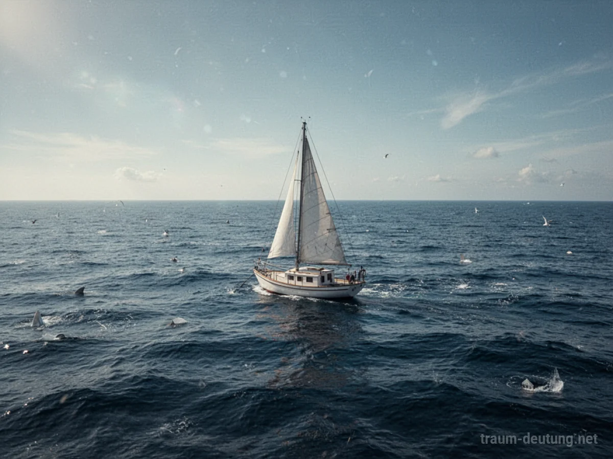 Ein Segelboot auf dem weiten Meer unter klarem Himmel.