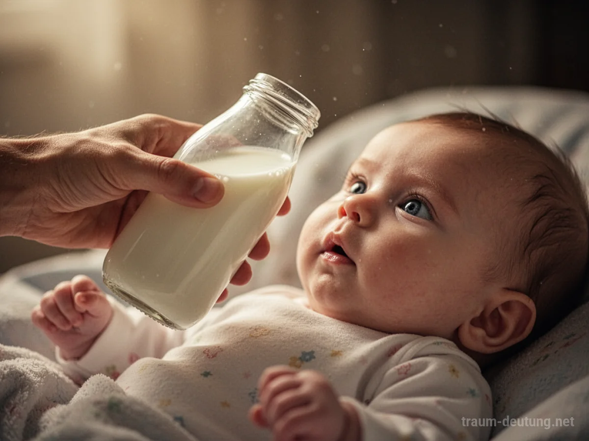 Hand reicht Baby eine Milchflasche, Nahaufnahme mit warmem Licht.