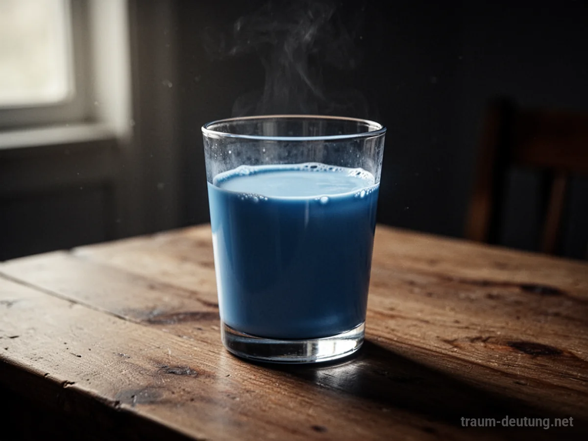 Ein Glas mit blauer Milch auf einem Holztisch.