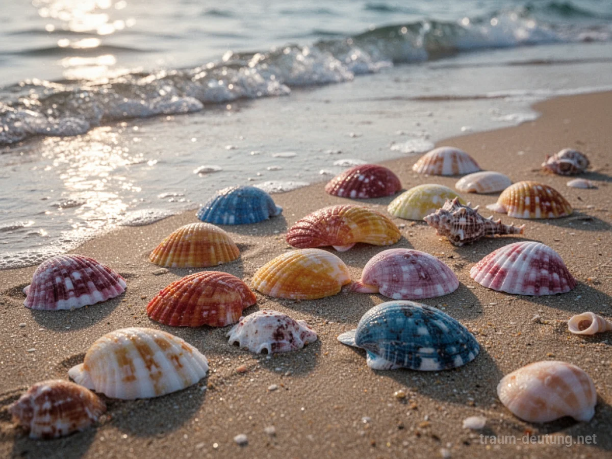 Bunte Muscheln am Strand mit sanften Wellen im Hintergrund.