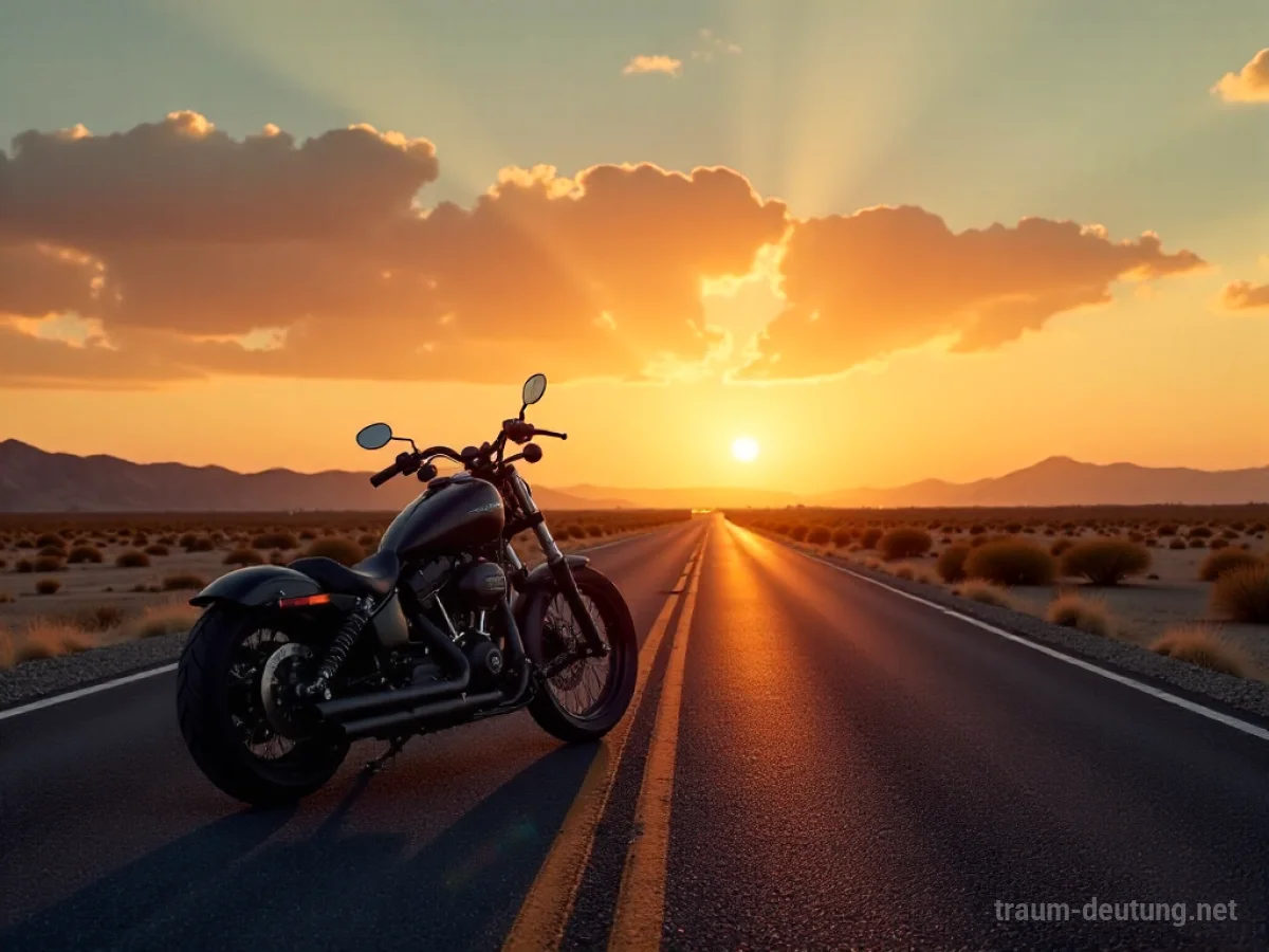 Ein Chopper Motorrad steht auf einer einsamen Wüstenautobahn bei Sonnenuntergang.