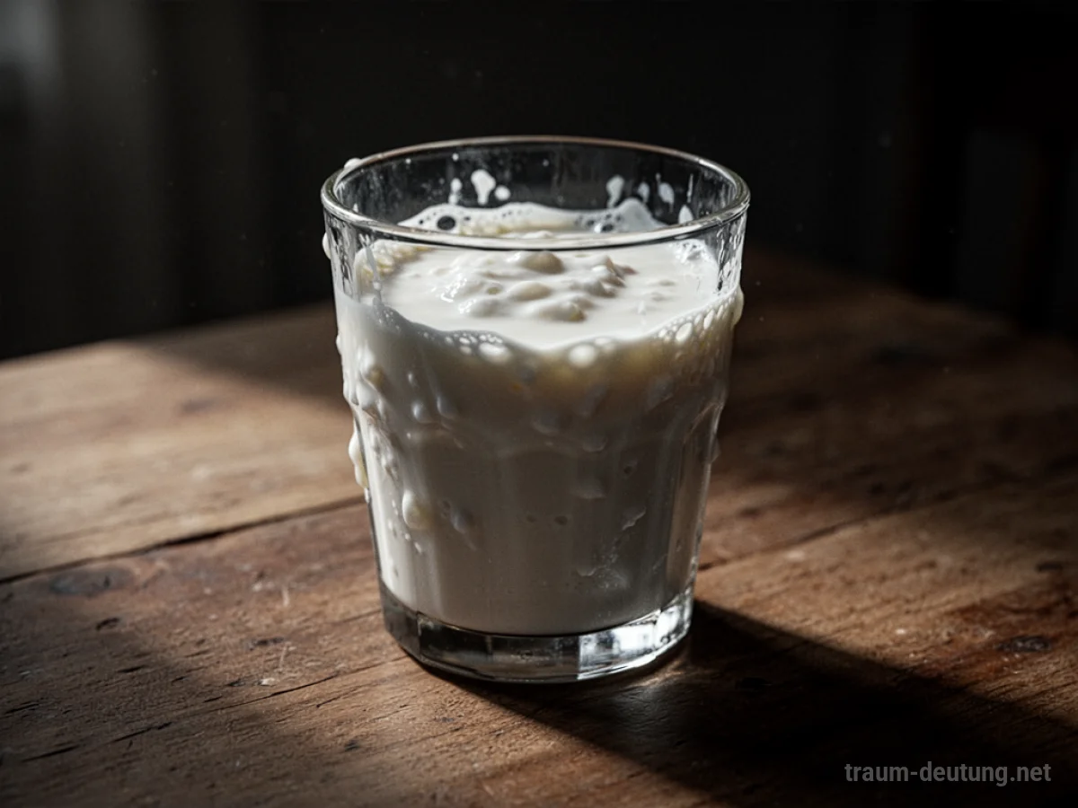 Glas mit dicker, klumpiger Milch auf einem Holztisch.