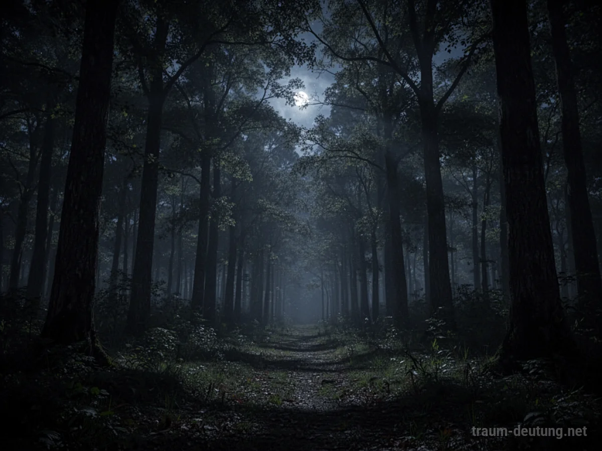 Dichter Wald im Mondlicht um Mitternacht mit langen Schatten.