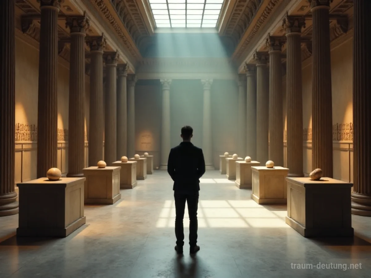 Person steht in einem leeren, prunkvollen Museumsaal