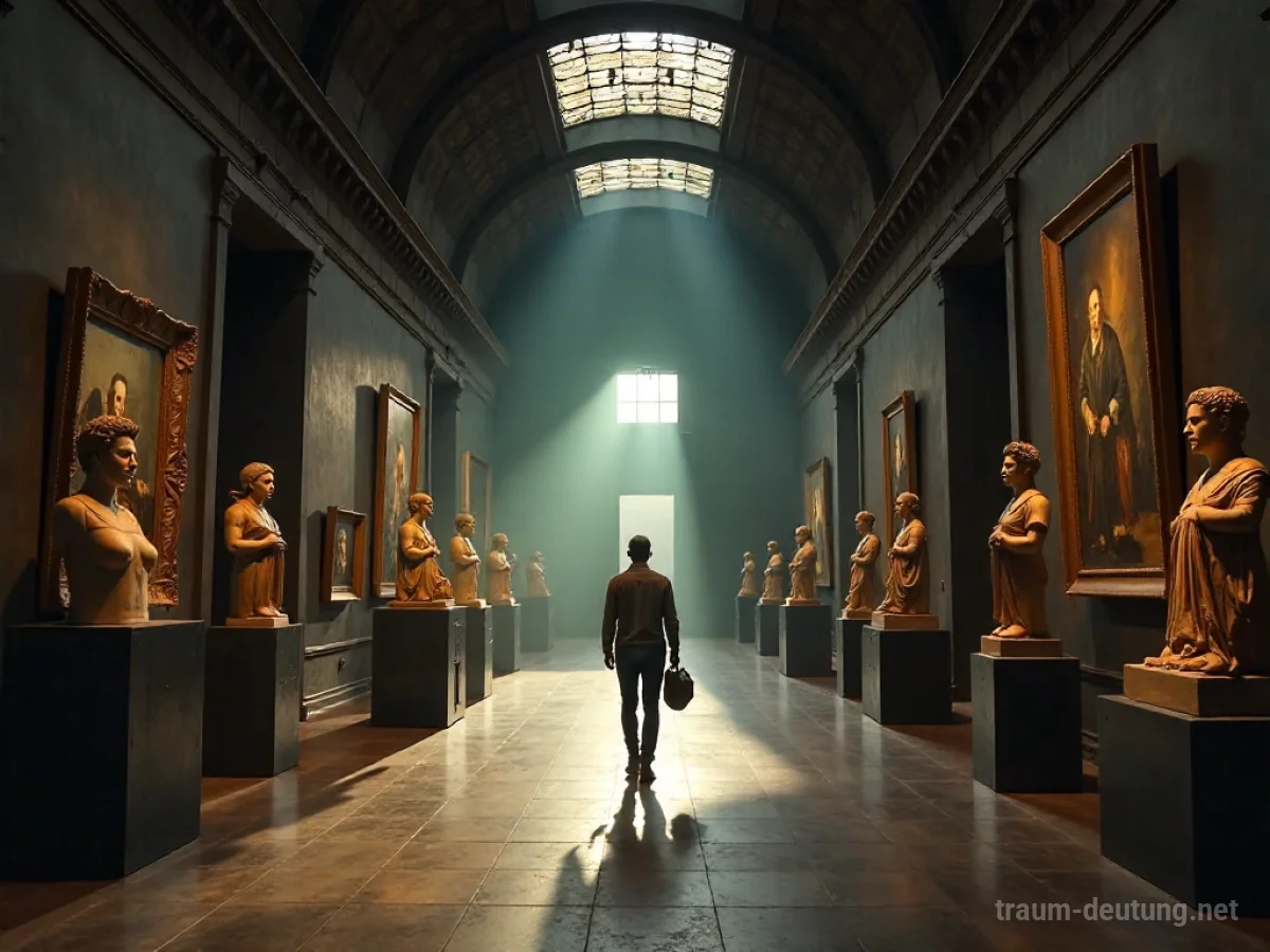 Eine Person erkundet einen großen, alten Museumssaal mit vielen Ausstellungsstücken.
