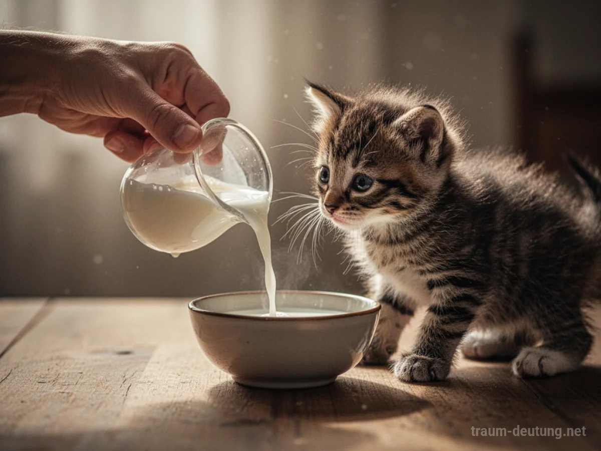 Hand gießt Milch für eine neugierige Katze ein