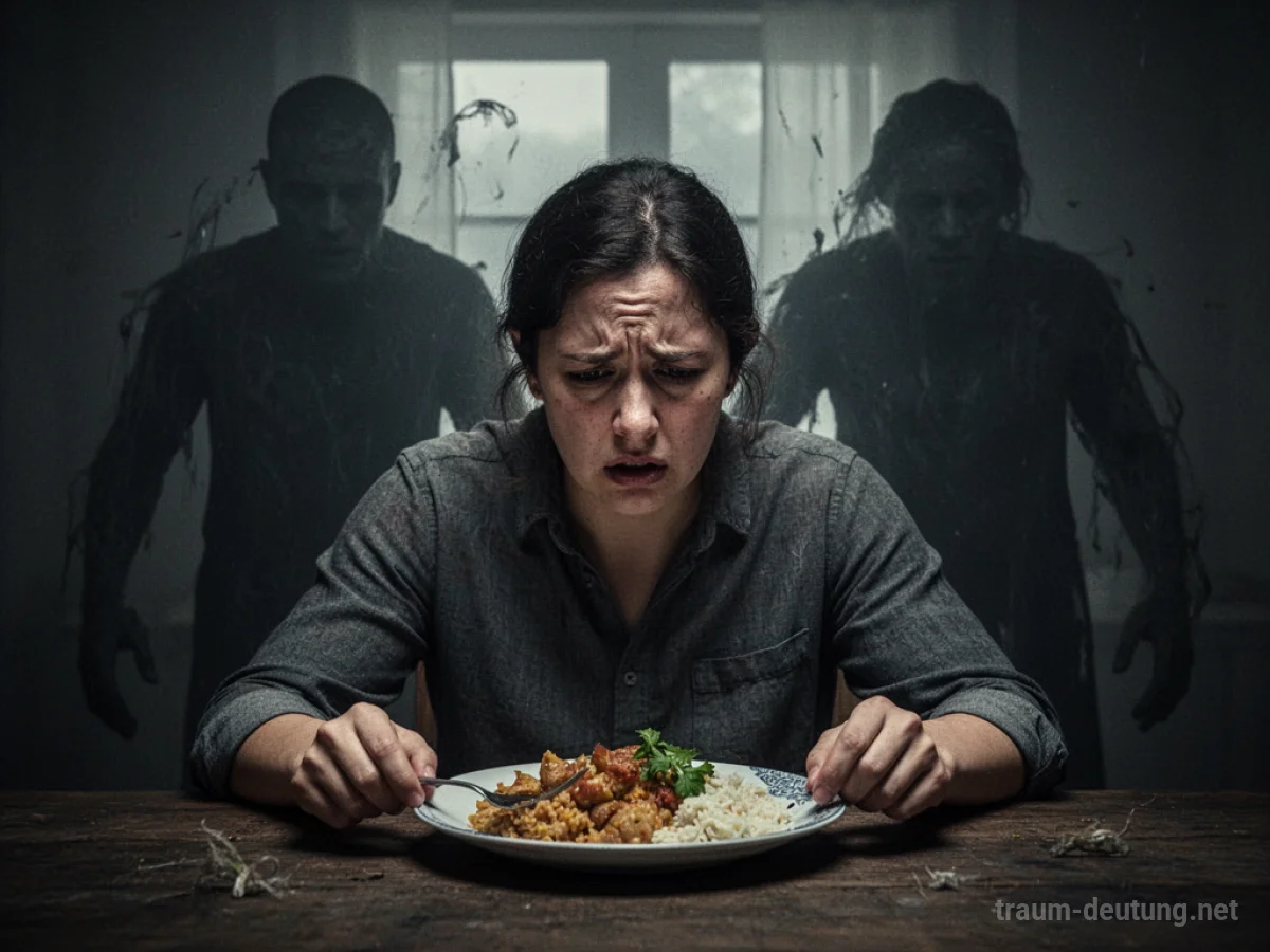 Person is forced to eat at a table with shadowy figures behind.