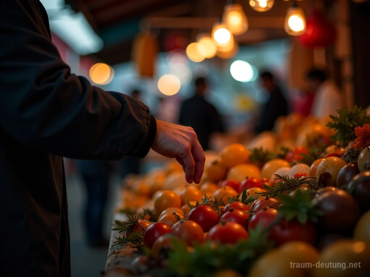 Hand findet glänzendes Objekt auf belebtem Marktstand