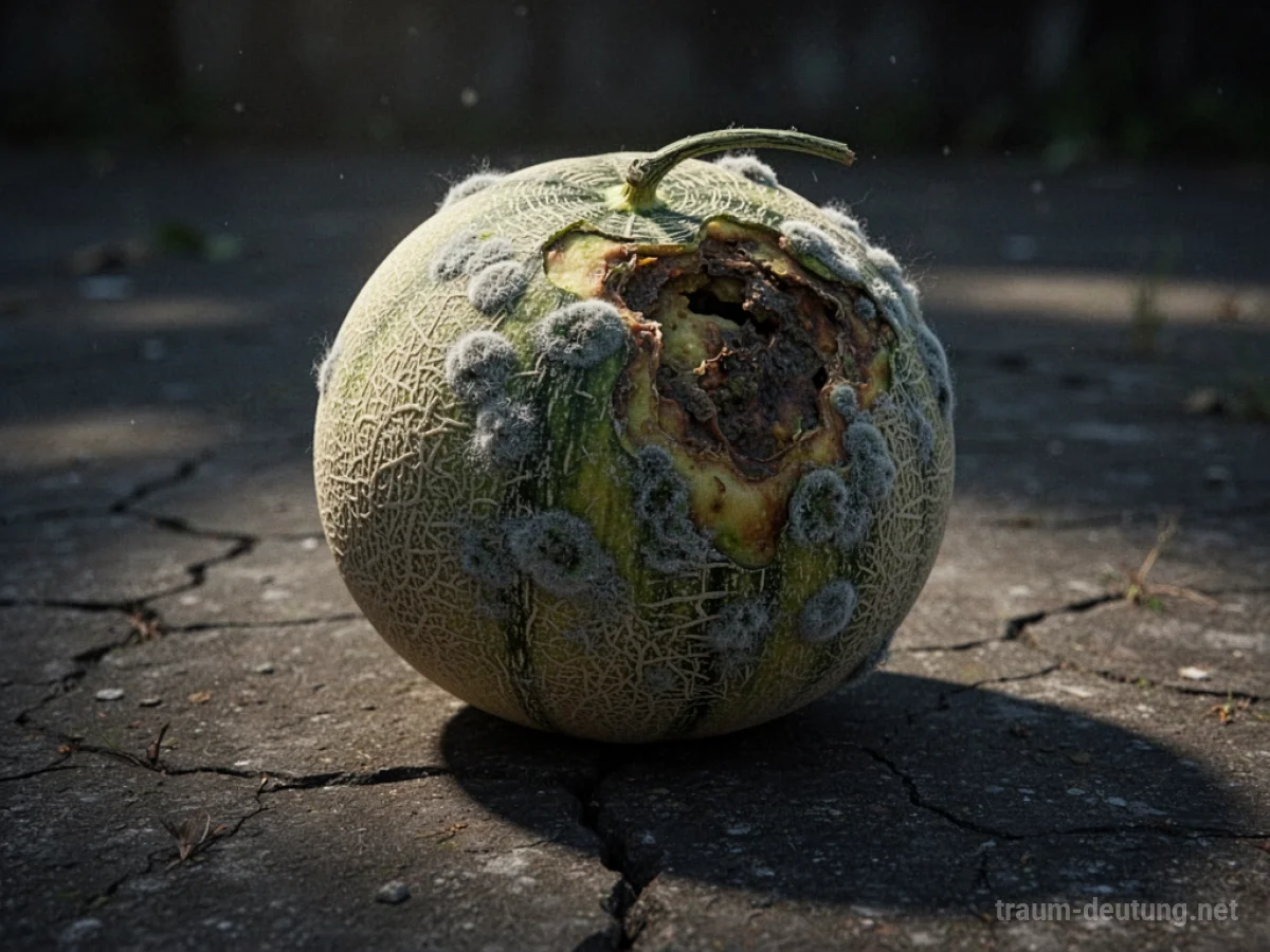 Verfaulte Melone liegt auf dunklem, rissigem Untergrund