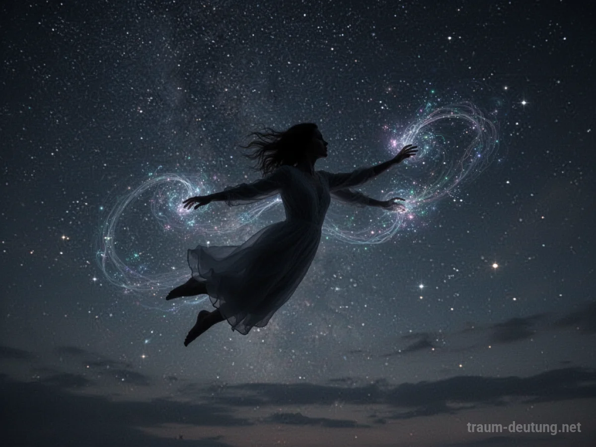 Silhouetten einer Person, die durch einen Sternenhimmel fliegt, mit leichten magischen Lichtern.