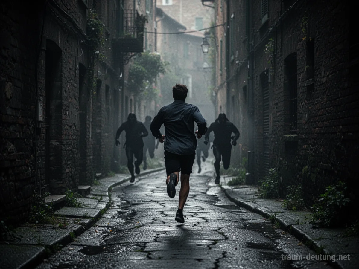 Silhouetten von verfolgenden Fremden hinter einer rennenden Person in einer dunklen Gasse