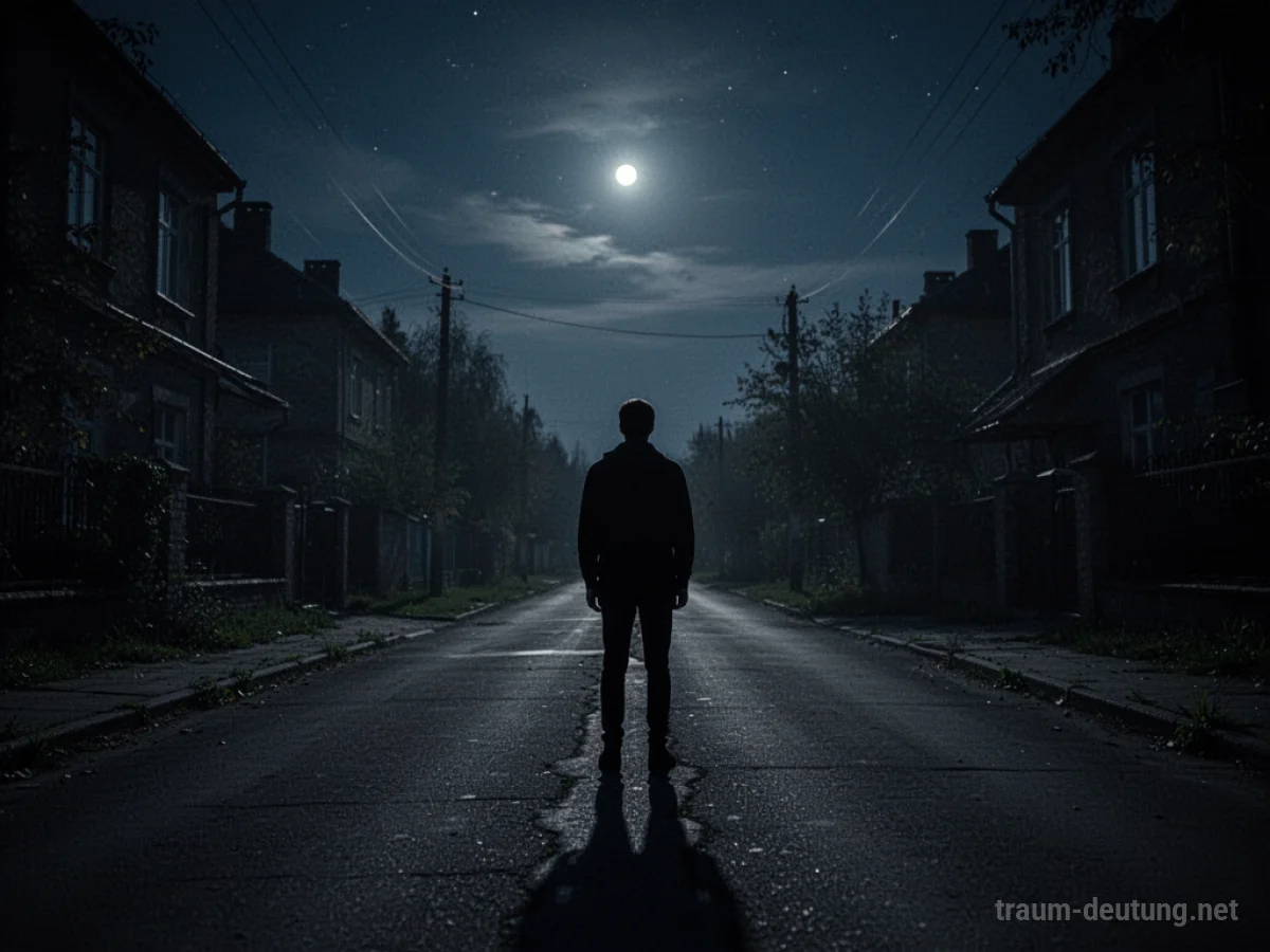Silhouette einer Person, die um Mitternacht auf einer dunklen Straße steht.