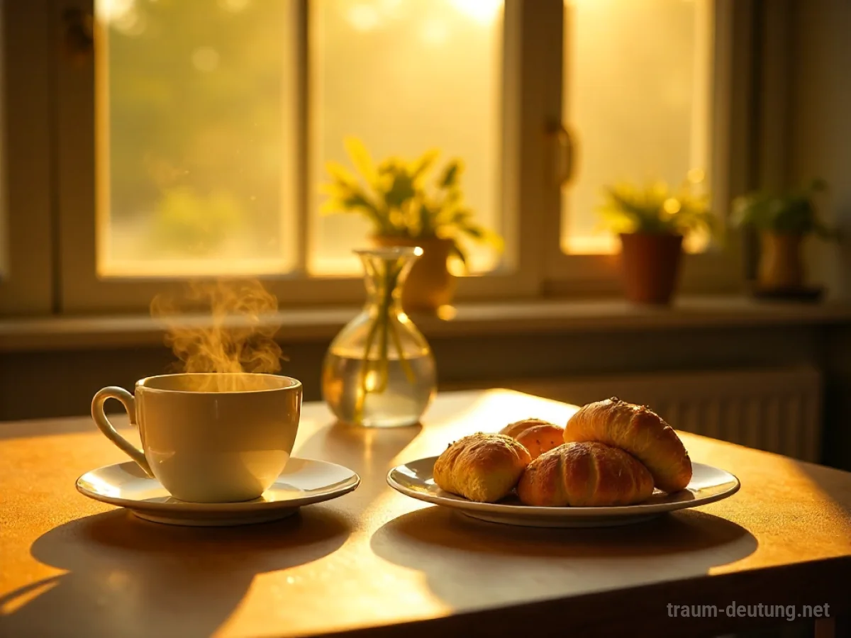 Sonnenbeschienener Frühstückstisch mit Kaffee und Gebäck am Morgen.