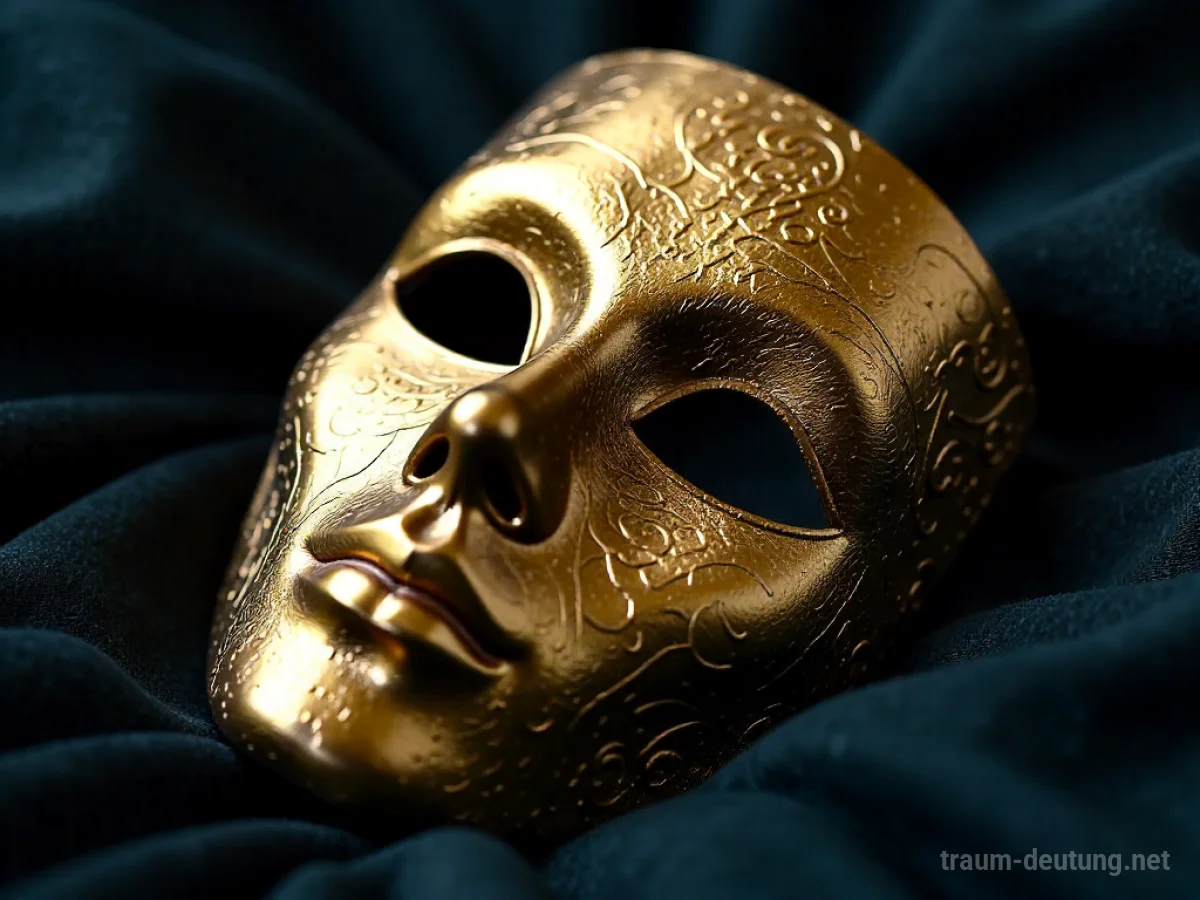 Eine kunstvoll verzierte goldene Maske liegt auf dunklem Stoff.