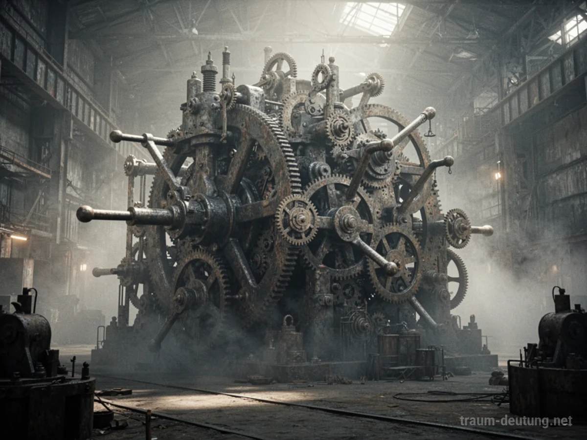 Eine riesige, komplexe mechanische Maschine mit Zahnrädern und Hebeln in einer industriellen Umgebung.